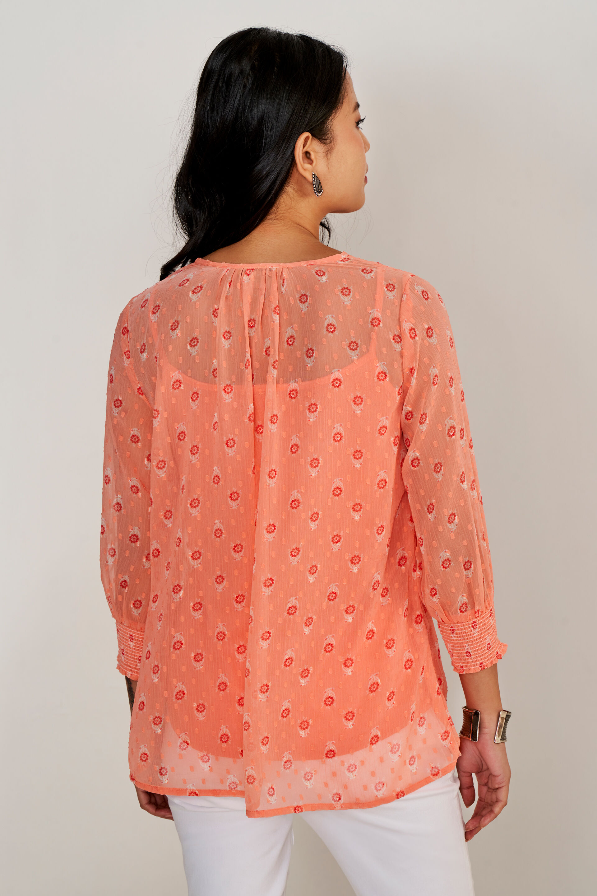 Orange Floral Smocking A-Line Top, Orange, image 4